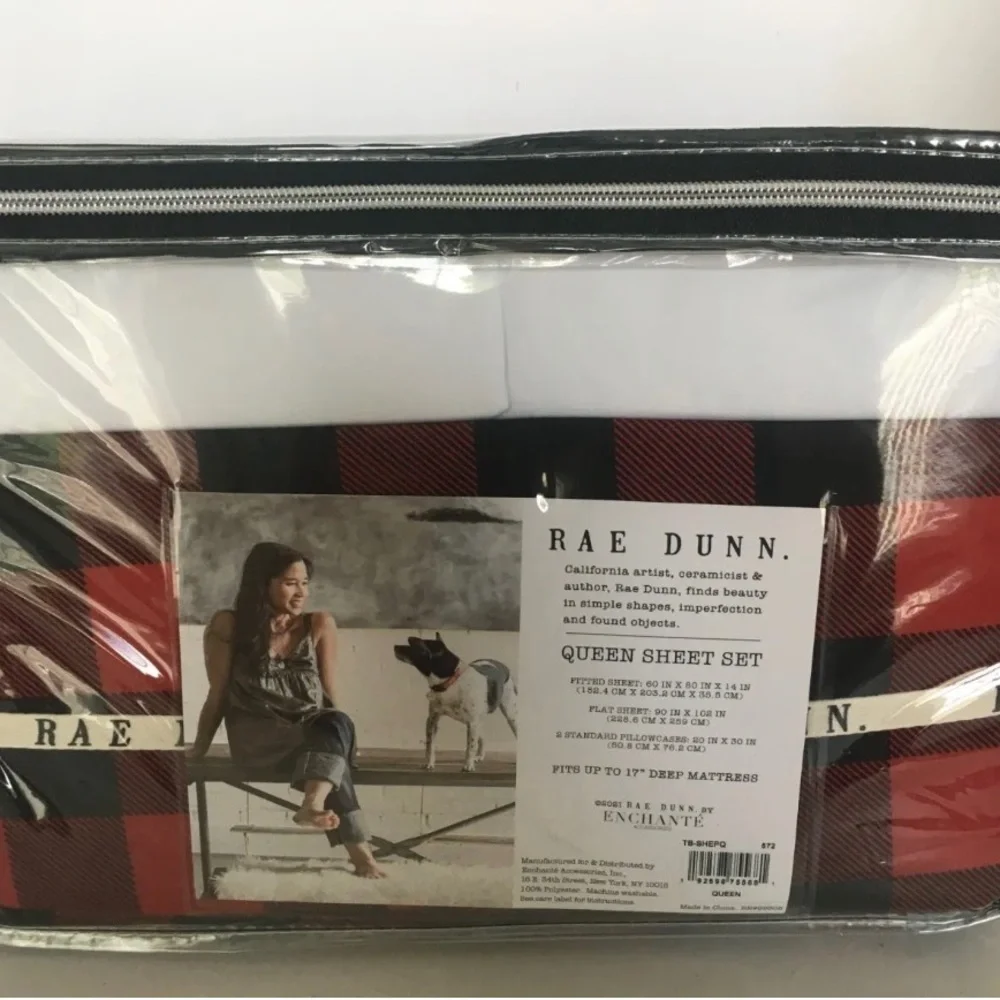 Rae Dunn BLESSED queen  Sheet Set w Pillow Cases Buffalo Plaid Red Christmas - Picture 3 of 4